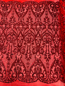 Heart Shape Sequins Fabric - Red - 4 Way Stretch Sequins Damask Fabric By Yard