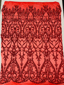 Heart Shape Sequins Fabric - Red - 4 Way Stretch Sequins Damask Fabric By Yard