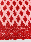 Flower Cluster Beaded Fabric - Red - Embroidered Beaded Layered Border Fabric Sold By Yard