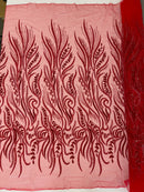 Sea Plant Beaded Fabric - Red - Beaded Embroidered Sea Plant Design Fabric by Yar