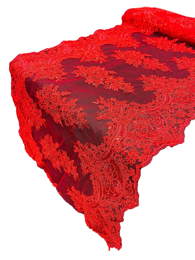 21" Wide Floral Metallic Pattern Lace Table Runner - Red - Metallic Table Runner Sold By Yard
