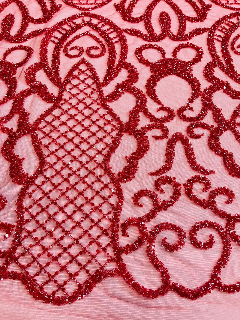 Fashion Design Bead Damask Fabric - Red  - Embroidered Elegant Design on Mesh Sold By The Yard