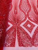 Zig Zag Lines Diamond Shape Fabric - Red - Embroidered Glamorous Design on Mesh Sold By The Yard