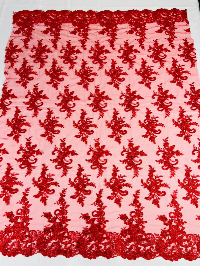 Floral Cluster Lace Fabric - Red - Embroidered Flowers With Sequins on a Mesh Lace Fabric Sold By Yard