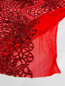 Floral Star Leaf Design - Red - 4 Way Stretch Sequin Floral Design on Mesh By Yard