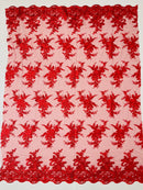 Plant Cluster Sequins Design - Red  - Flower Sequins Embroidered Design on Tulle Sold By Yard