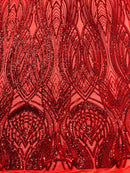 Long Wavy Line Design Sequins - Red - 4 Way Stretch Sequin Design on Mesh Fabric By Yard
