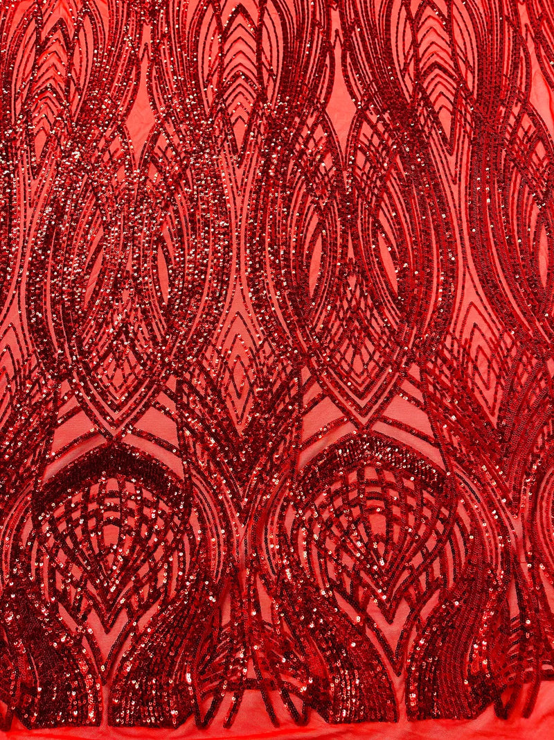 Sequins Red Pattern Long Wavy Line Design Sequins - Red - 4 Way Stretch Sequin Design on M