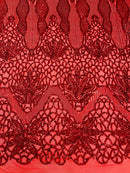 Floral Star Leaf Design - Red - 4 Way Stretch Sequin Floral Design on Mesh By Yard