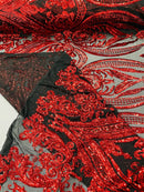 Damask Sequins - Red on Black - Damask Sequin Design on 4 Way Stretch Fabric By Yard