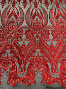 Damask Sequins - Red on Black - Damask Sequin Design on 4 Way Stretch Fabric By Yard