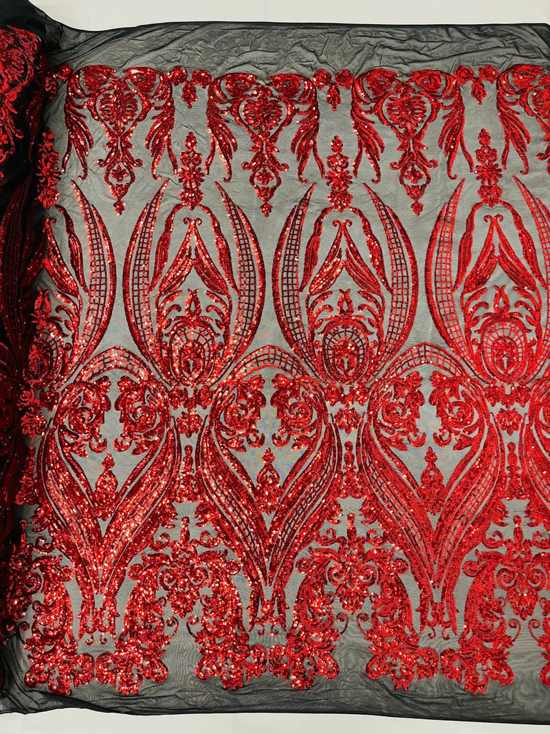 Damask Sequins - Red on Black - Damask Sequin Design on 4 Way Stretch Fabric By Yard