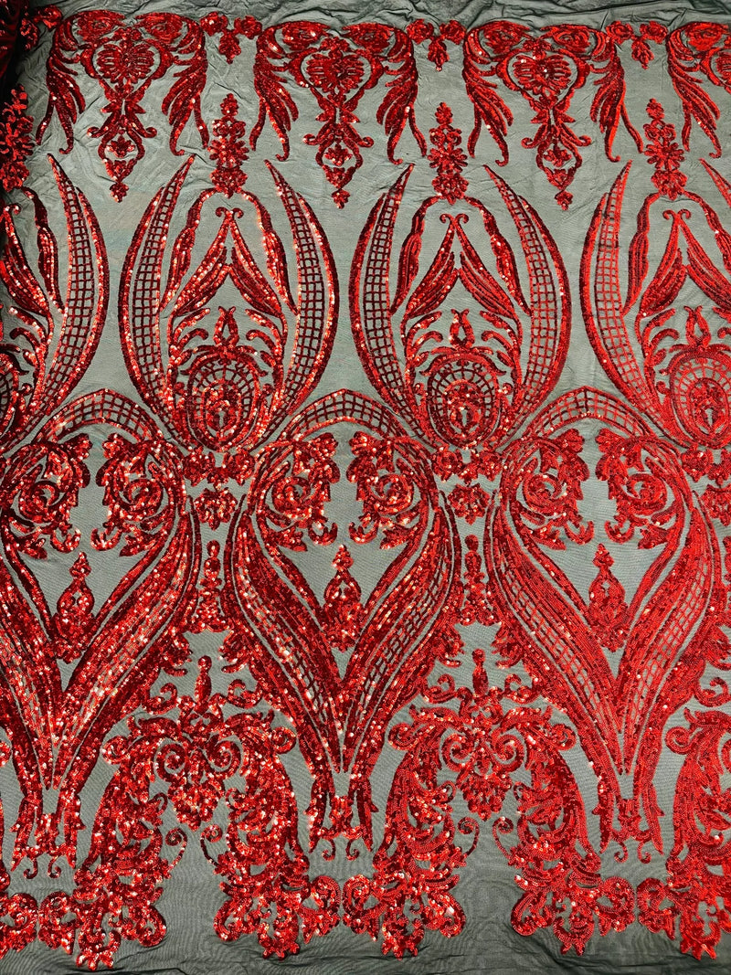 Damask Sequins - Red on Black - Damask Sequin Design on 4 Way Stretch Fabric By Yard