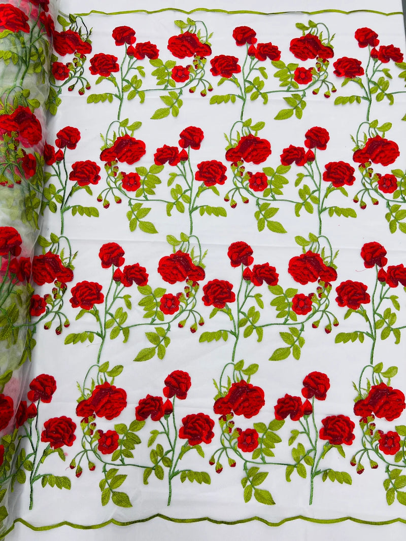 Rose Plant Lace Fabric  - Red on White - Embroidered Full Flower Plant Design on Lace By Yard
