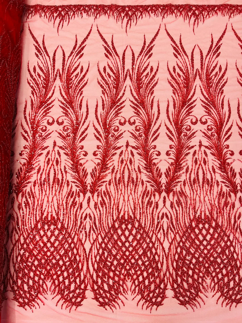 Beaded Embroidered Fabric - Red - Embroidered Heart and Feather Pattern Fabric Sold By Yard