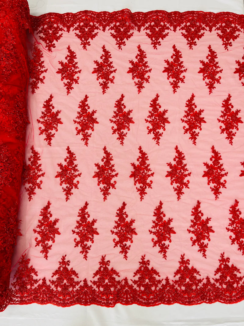 Fancy Border Cluster Fabric - Red - Embroidered Beaded Flower Lace Design on Mesh Yard