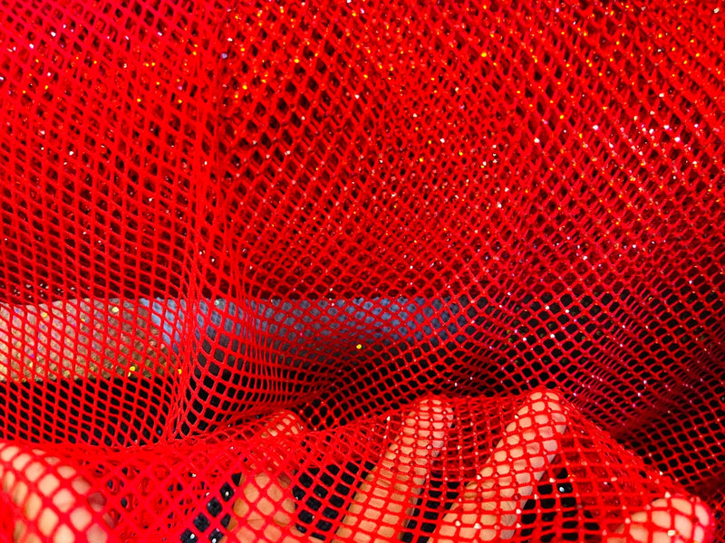 Rhinestone Fish Net Fabric - Red - Solid Spandex Fish Net Style Fabric with Rhinestones by Yard