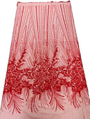 Flower Lines Fashion Design Fabric - Red - Embroidered Floral Beads and Sequins Sold By Yard