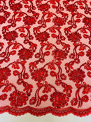 Floral Embroidered Lace - Red - Floral Corded Lace With Sequins Sold By Yard
