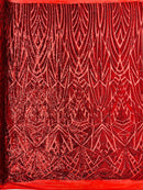 Sequins Fabric - Red - Geometric Pattern Design 4 Way Stretch Sold By Yard