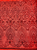 Geometric Design Fabric - Red - 4 Way Stretch Embroidered Design Sequins Fabric By Yard