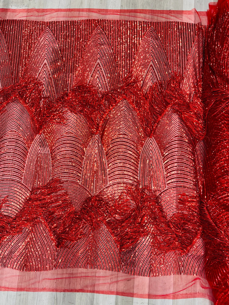 Fringe Sequins Fabric - Red - Hanging Sequins 2 Way Stretch Fabric Sold By Yard