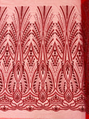 Wedding Beaded Fabric - Red - Embroidered Fancy Fashion Pattern Fabric Sold By Yard