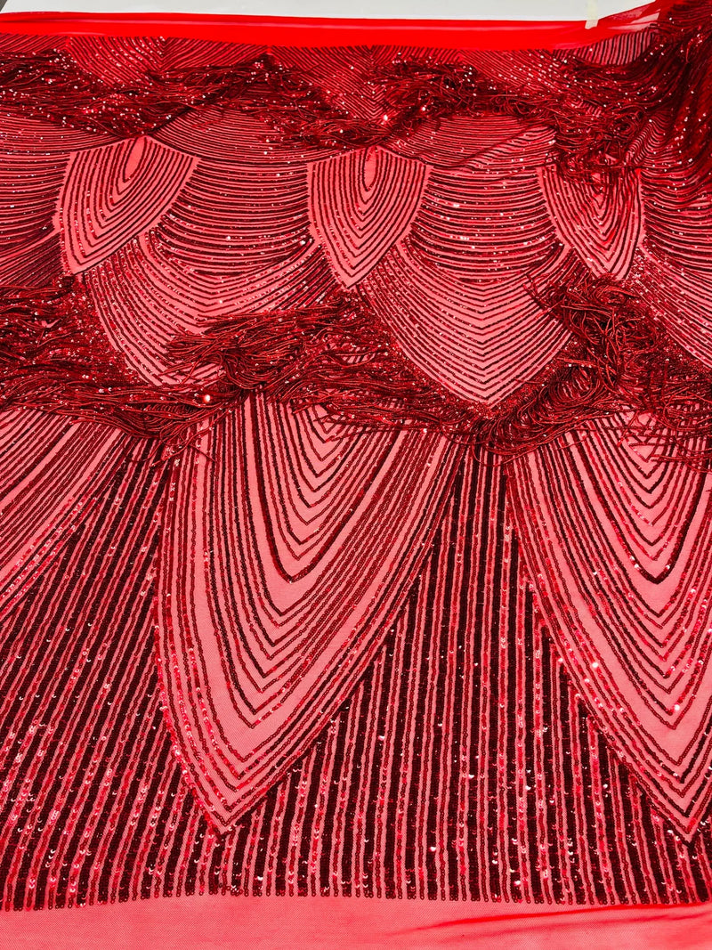 Fringe Sequins Design - Red - Fringe Design Embroidered on a  4 Way Stretch Lace Mesh (Pick A Size)