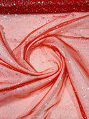 Foil Star Sheer Organza - Silver On Red - 60" Sheer Silver Star Organza Fabric Sold By Yard