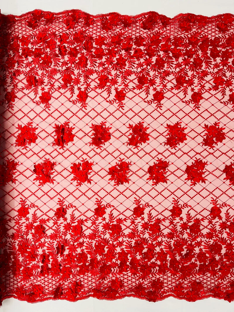 3D Triangle Floral Pearl Fabric - Red - 3D Embroidered Floral Design on Lace Mesh By Yard