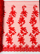 3D Rose Plant Fabric - Red - Embroidered Flower Design Rose Fabric Sold by Yard
