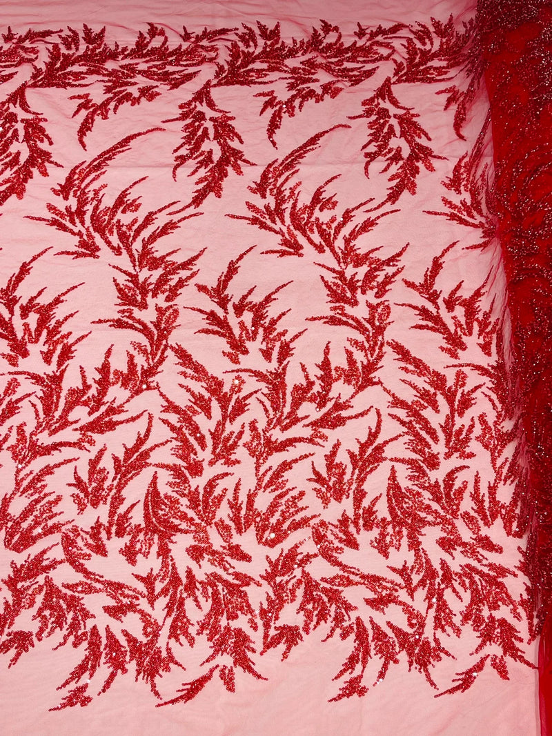 Plant Cluster Fabric - Red - Beaded Embroidered Leaf Plant Design on Lace Mesh By Yard