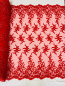 Beaded Fancy Floral Cluster - Red - Embroidered Glamorous Floral Design by Yard