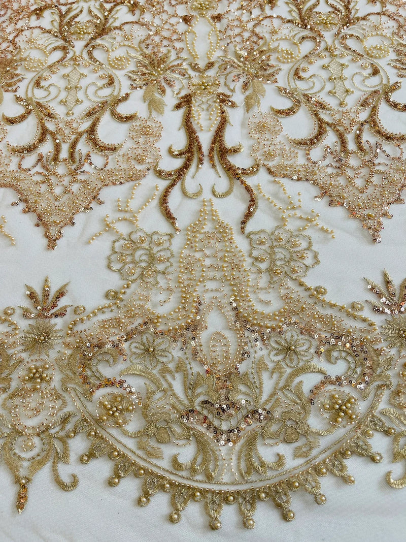 Damask Beaded Pattern Fabric - Rose Gold - Embroidered Beaded Bridal Applique Fabric Sold By The Yard