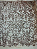 Damask Fancy Pattern Fabric - Rose Gold - 4 Way Stretch Sequins Prom Design By Yard