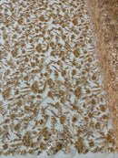Beaded Design Floral Pattern - Rose Gold - Embroidered Beads in Floral Pattern on Mesh Sold By The Yard