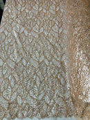 Fancy Leaf Pattern with Beads - Rose Gold - Embroidered Leaves Design on Mesh Sold By The Yard