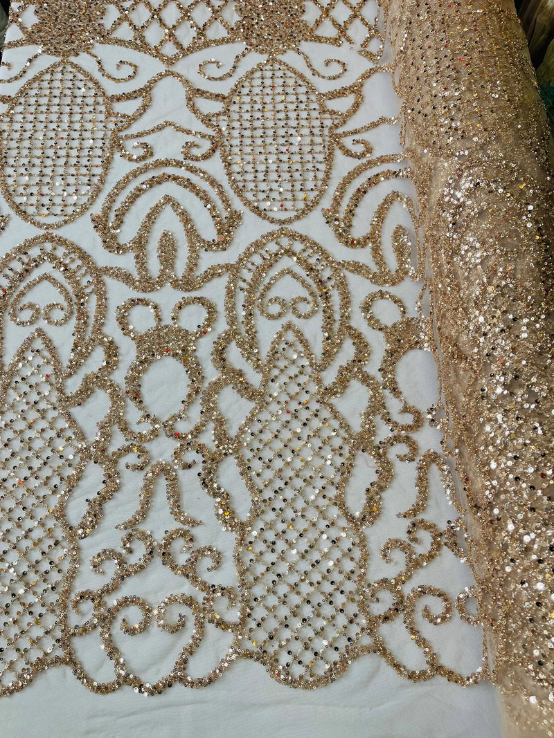 Fashion Design Bead Damask Fabric - Rose Gold - Embroidered Elegant Design on Mesh Sold By The Yard