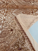 Geometric Design Fabric - Rose Gold - 4 Way Stretch Embroidered Design Sequins Fabric By Yard