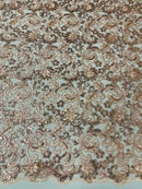Metallic Flower Design - Rose Gold - Corded Floral Pattern Sequins Fabric Sold By Yard