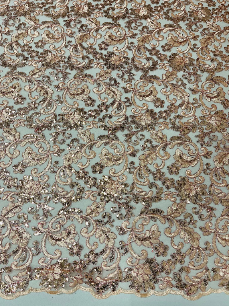 Metallic Flower Design - Rose Gold - Corded Floral Pattern Sequins Fabric Sold By Yard