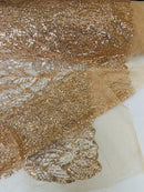 Fancy Leaf Pattern with Beads - Rose Gold - Embroidered Leaves Design on Mesh Sold By The Yard