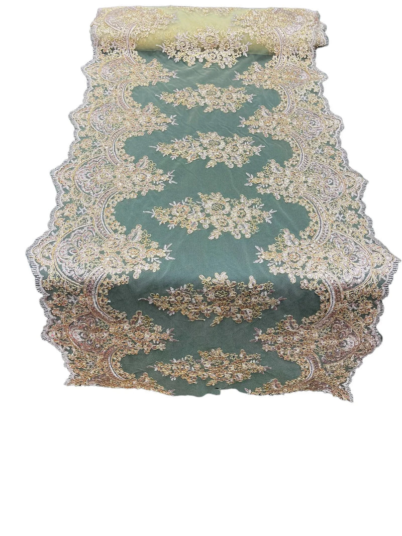 21" Wide Floral Metallic Pattern Lace Table Runner - Rose Gold - Metallic Table Runner Sold By Yard