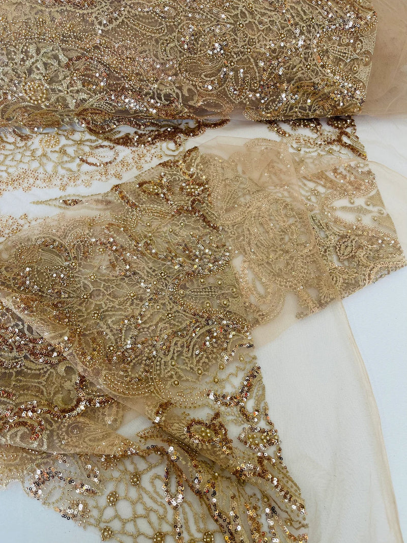 Damask Beaded Pattern Fabric - Rose Gold - Embroidered Beaded Bridal Applique Fabric Sold By The Yard