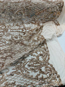 Heart Shape Sequins Fabric - Rose Gold - 4 Way Stretch Sequins Damask Fabric By Yard