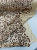 Damask Fancy Pattern Fabric - Rose Gold - 4 Way Stretch Sequins Prom Design By Yard