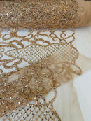 Fashion Design Bead Damask Fabric - Rose Gold - Embroidered Elegant Design on Mesh Sold By The Yard