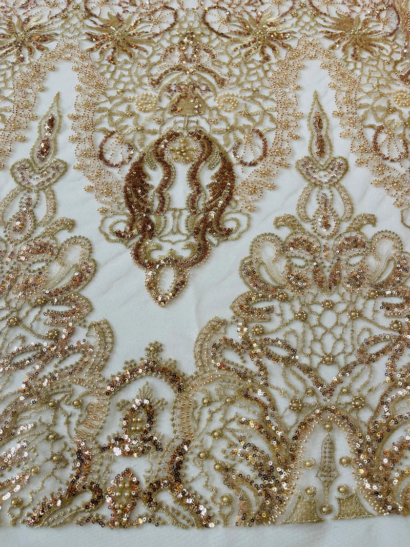 Damask Beaded Pattern Fabric - Rose Gold - Embroidered Beaded Bridal Applique Fabric Sold By The Yard