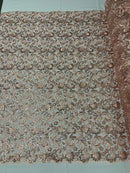 Metallic Flower Design - Rose Gold - Corded Floral Pattern Sequins Fabric Sold By Yard