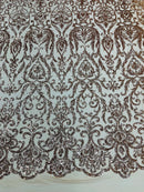 Damask Fancy Pattern Fabric - Rose Gold - 4 Way Stretch Sequins Prom Design By Yard